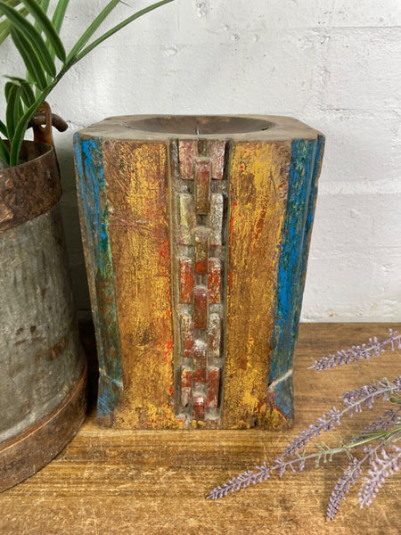 Vintage Reclaimed Hand Carved Indian Wooden Pillar Base Candle Holder Plinth