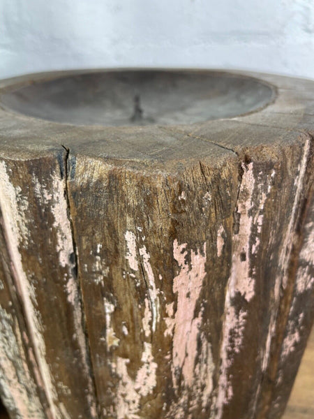 Vintage Reclaimed Hand Carved Indian Wooden Pillar Base Candle Holder Plinth