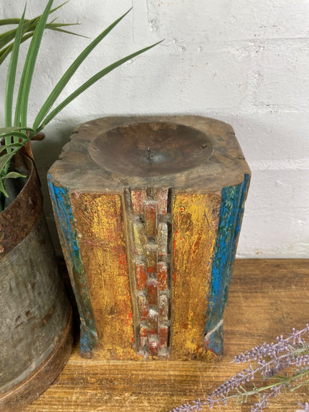Vintage Reclaimed Hand Carved Indian Wooden Pillar Base Candle Holder Plinth