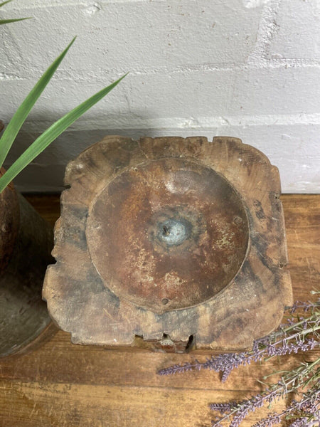 Vintage Reclaimed Hand Carved Indian Wooden Pillar Base Candle Holder Plinth