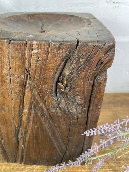 Vintage Reclaimed Hand Carved Indian Wooden Pillar Base Candle Holder Plinth