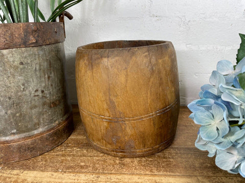 Vintage Rustic Indian Wabi Sabi Hand Carved Wooden Grain Measure Storage Pot