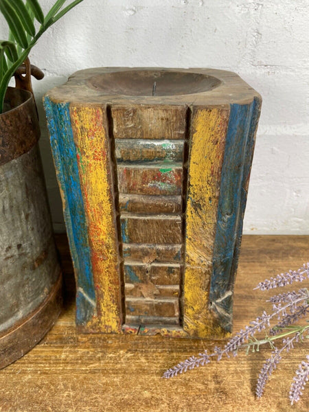 Vintage Reclaimed Hand Carved Indian Wooden Pillar Base Candle Holder Plinth