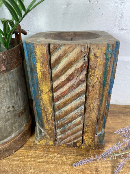 Vintage Reclaimed Hand Carved Indian Wooden Pillar Base Candle Holder Plinth
