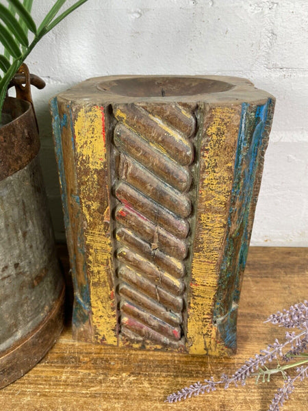 Vintage Reclaimed Hand Carved Indian Wooden Pillar Base Candle Holder Plinth