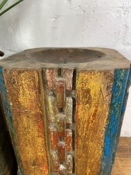 Vintage Reclaimed Hand Carved Indian Wooden Pillar Base Candle Holder Plinth