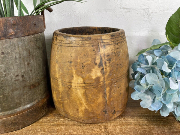 Vintage Rustic Indian Wabi Sabi Hand Carved Wooden Grain Measure Storage Pot