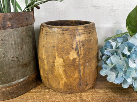 Vintage Rustic Indian Wabi Sabi Hand Carved Wooden Grain Measure Storage Pot