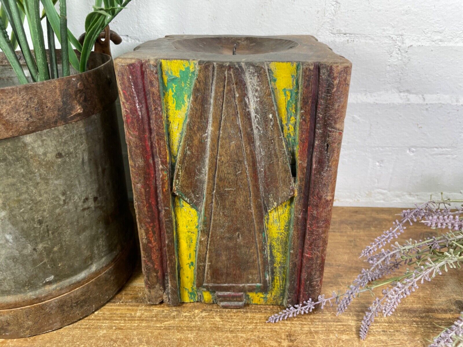 Vintage Reclaimed Hand Carved Indian Wooden Pillar Base Candle Holder Plinth