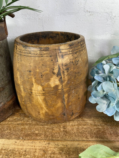 Vintage Rustic Indian Wabi Sabi Hand Carved Wooden Grain Measure Storage Pot