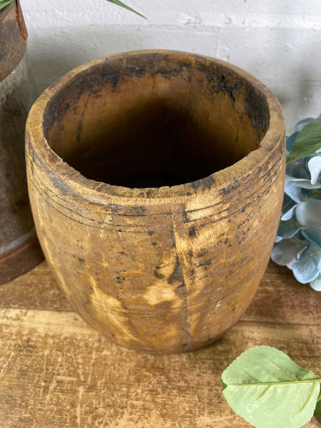 Vintage Rustic Indian Wabi Sabi Hand Carved Wooden Grain Measure Storage Pot