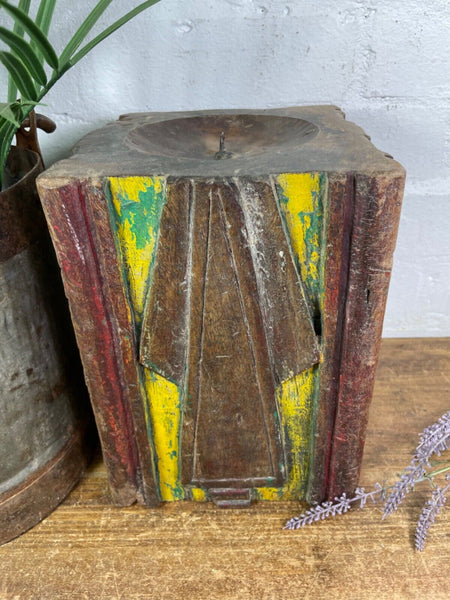 Vintage Reclaimed Hand Carved Indian Wooden Pillar Base Candle Holder Plinth
