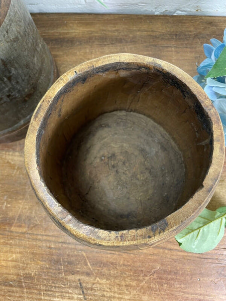 Vintage Rustic Indian Wabi Sabi Hand Carved Wooden Grain Measure Storage Pot