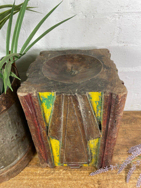 Vintage Reclaimed Hand Carved Indian Wooden Pillar Base Candle Holder Plinth