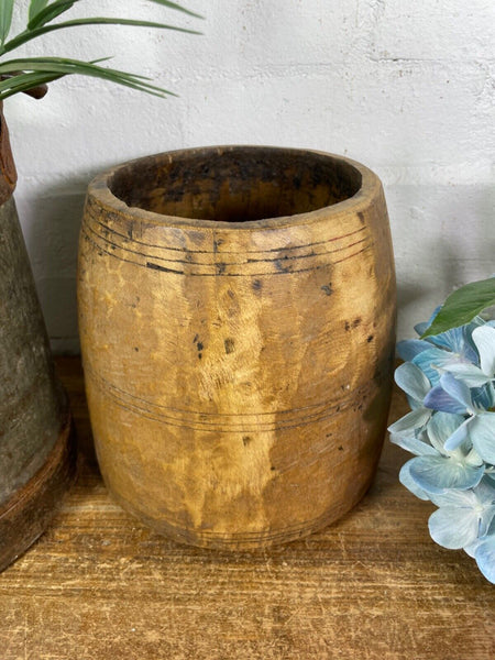 Vintage Rustic Indian Wabi Sabi Hand Carved Wooden Grain Measure Storage Pot