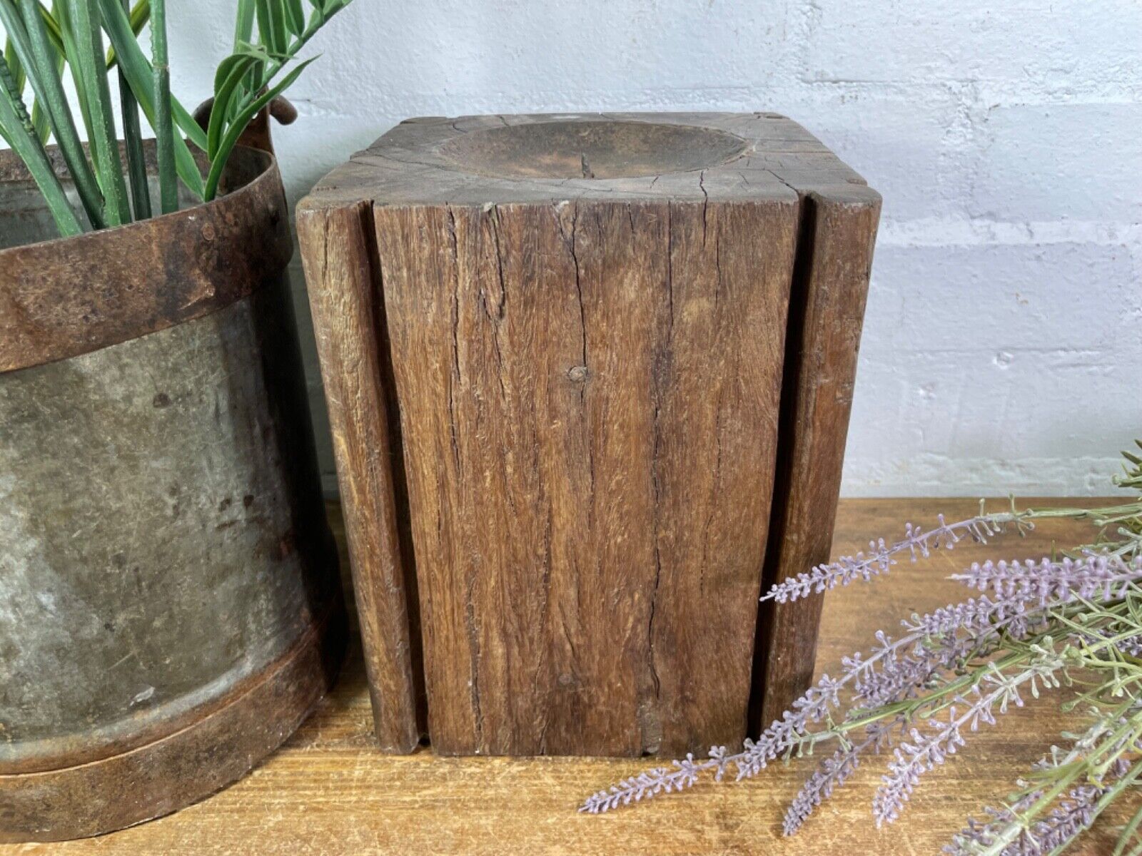 Vintage Reclaimed Hand Carved Indian Wooden Pillar Base Candle Holder Plinth
