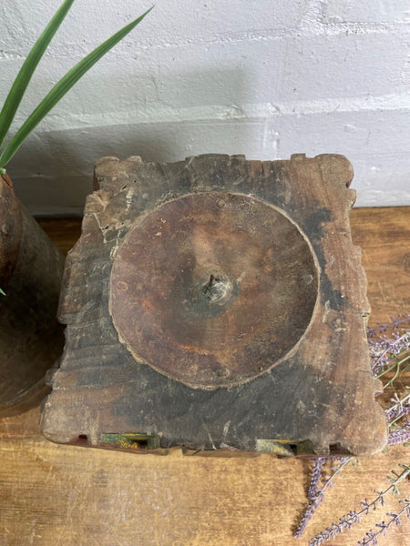 Vintage Reclaimed Hand Carved Indian Wooden Pillar Base Candle Holder Plinth