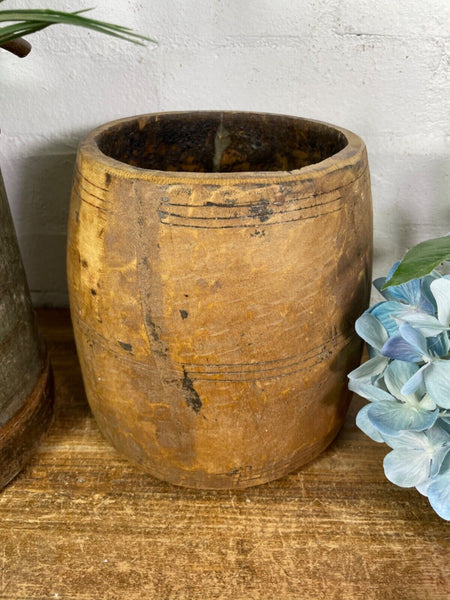 Vintage Rustic Indian Wabi Sabi Hand Carved Wooden Grain Measure Storage Pot
