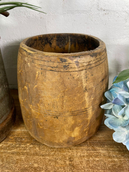Vintage Rustic Indian Wabi Sabi Hand Carved Wooden Grain Measure Storage Pot