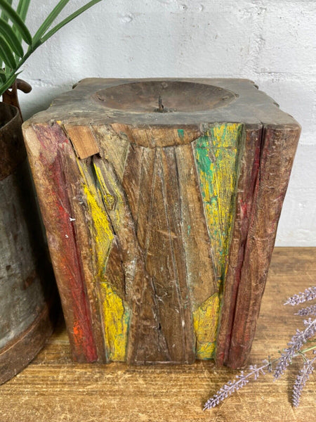 Vintage Reclaimed Hand Carved Indian Wooden Pillar Base Candle Holder Plinth