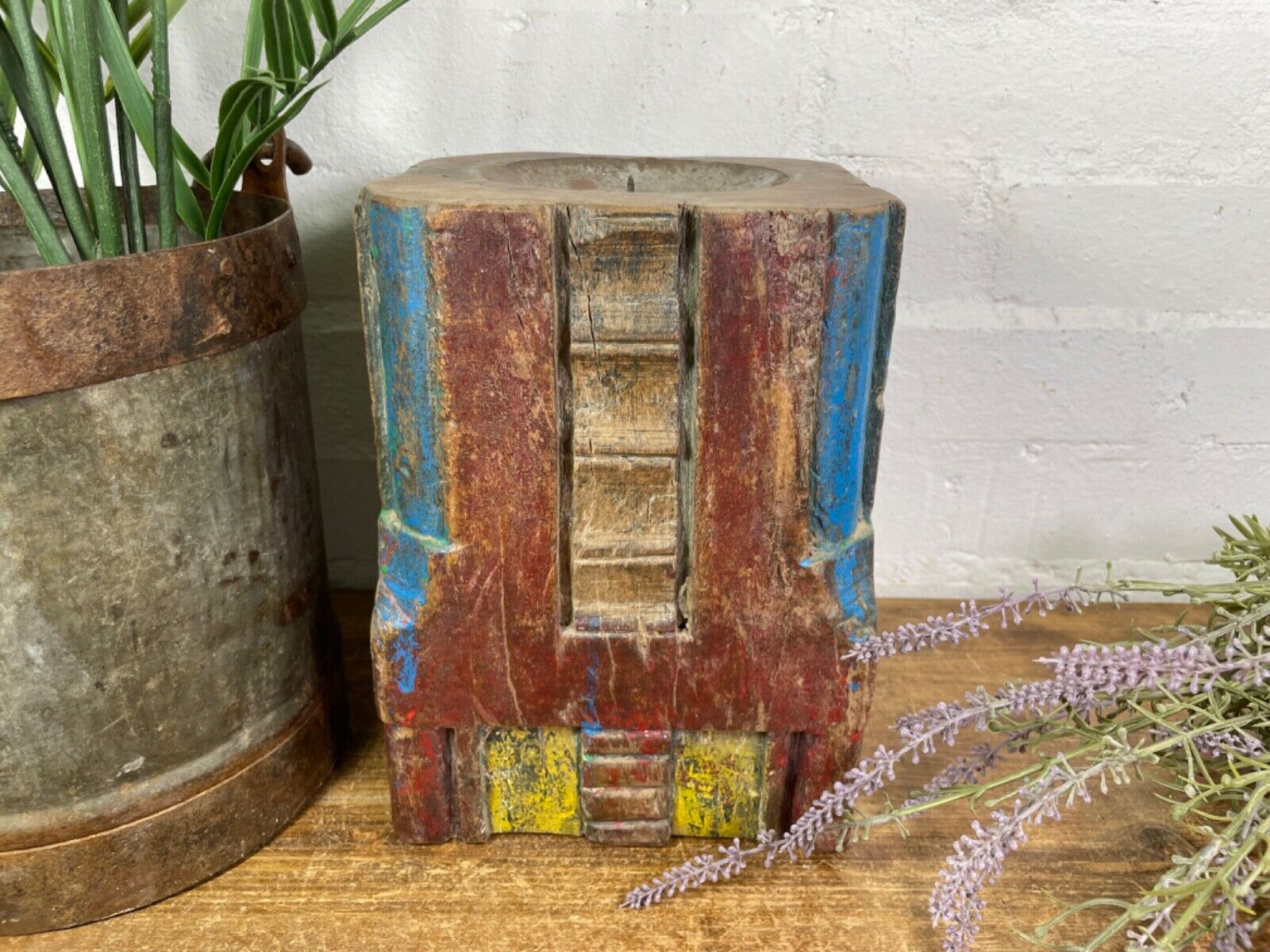 Vintage Reclaimed Hand Carved Indian Wooden Pillar Base Candle Holder Plinth