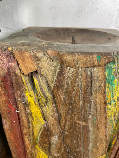 Vintage Reclaimed Hand Carved Indian Wooden Pillar Base Candle Holder Plinth
