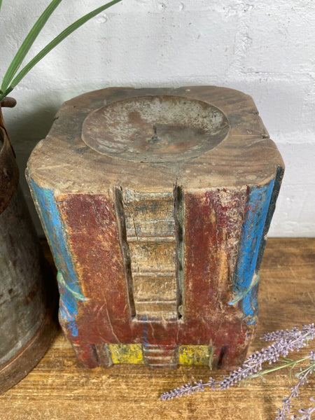 Vintage Reclaimed Hand Carved Indian Wooden Pillar Base Candle Holder Plinth
