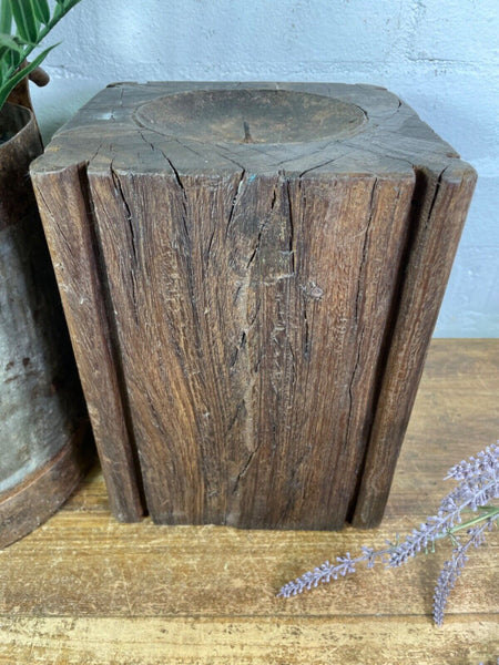 Vintage Reclaimed Hand Carved Indian Wooden Pillar Base Candle Holder Plinth