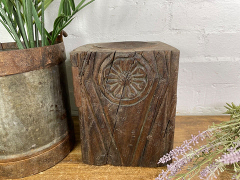 Vintage Reclaimed Hand Carved Indian Wooden Pillar Base Candle Holder Plinth