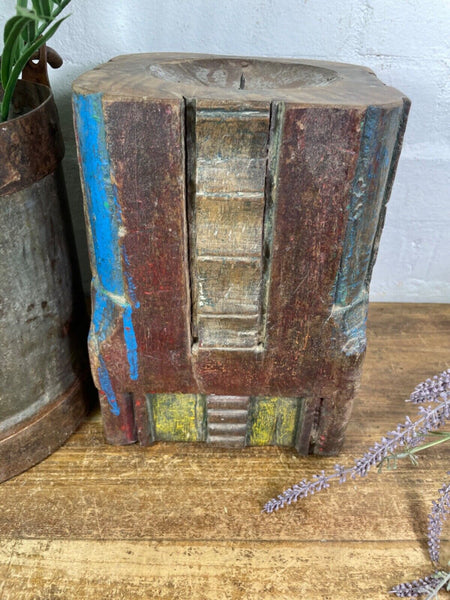 Vintage Reclaimed Hand Carved Indian Wooden Pillar Base Candle Holder Plinth