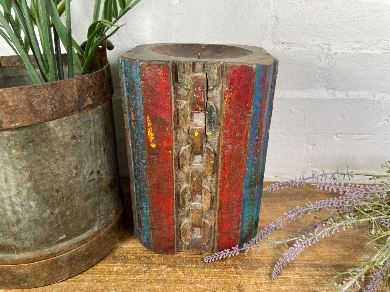 Vintage Reclaimed Hand Carved Indian Wooden Pillar Base Candle Holder Plinth