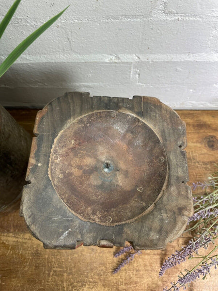 Vintage Reclaimed Hand Carved Indian Wooden Pillar Base Candle Holder Plinth
