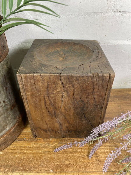 Vintage Reclaimed Hand Carved Indian Wooden Pillar Base Candle Holder Plinth