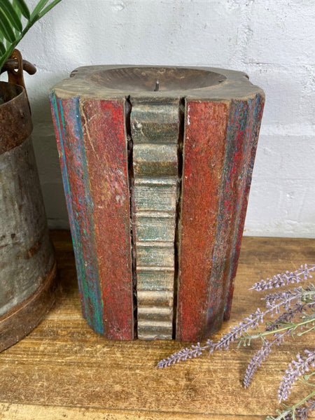Vintage Reclaimed Hand Carved Indian Wooden Pillar Base Candle Holder Plinth