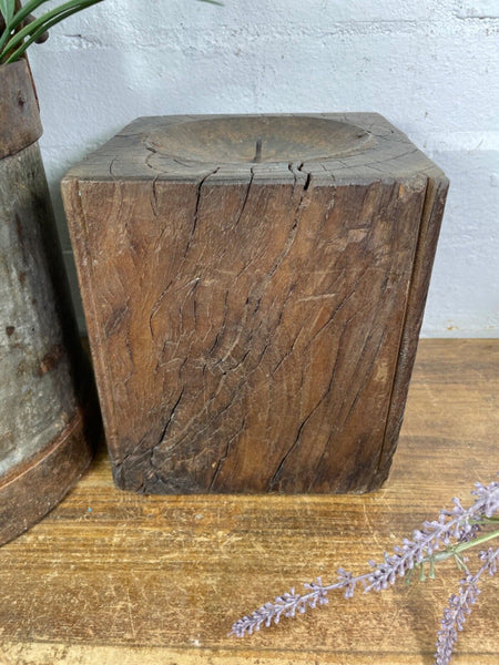 Vintage Reclaimed Hand Carved Indian Wooden Pillar Base Candle Holder Plinth