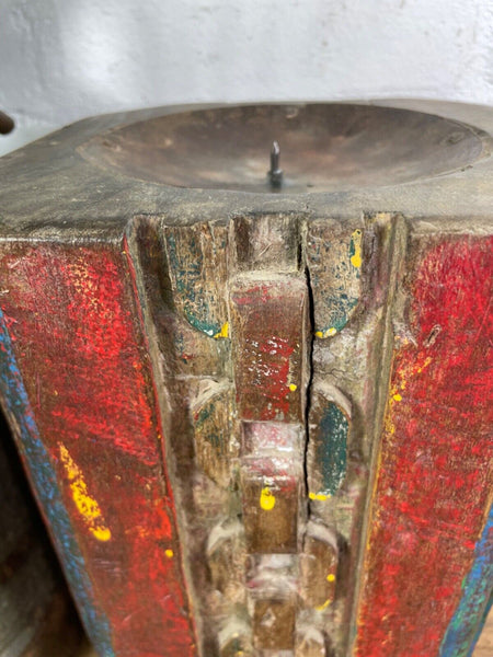 Vintage Reclaimed Hand Carved Indian Wooden Pillar Base Candle Holder Plinth