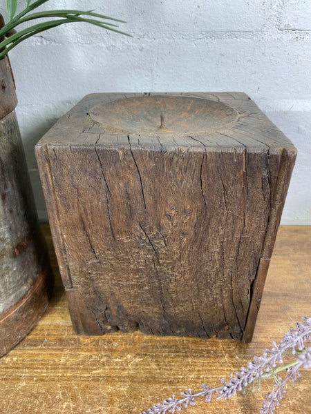 Vintage Reclaimed Hand Carved Indian Wooden Pillar Base Candle Holder Plinth