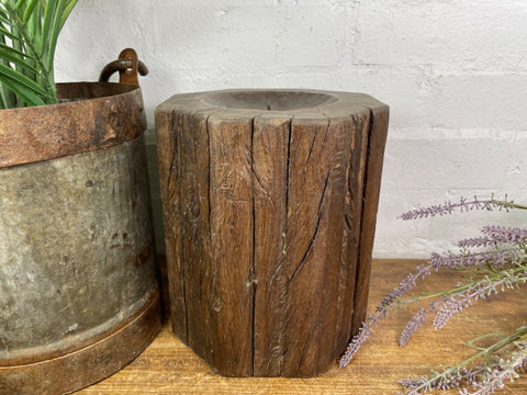 Vintage Reclaimed Hand Carved Indian Wooden Pillar Base Candle Holder Plinth