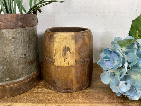 Vintage Rustic Indian Wabi Sabi Hand Carved Wooden Grain Measure Storage Pot