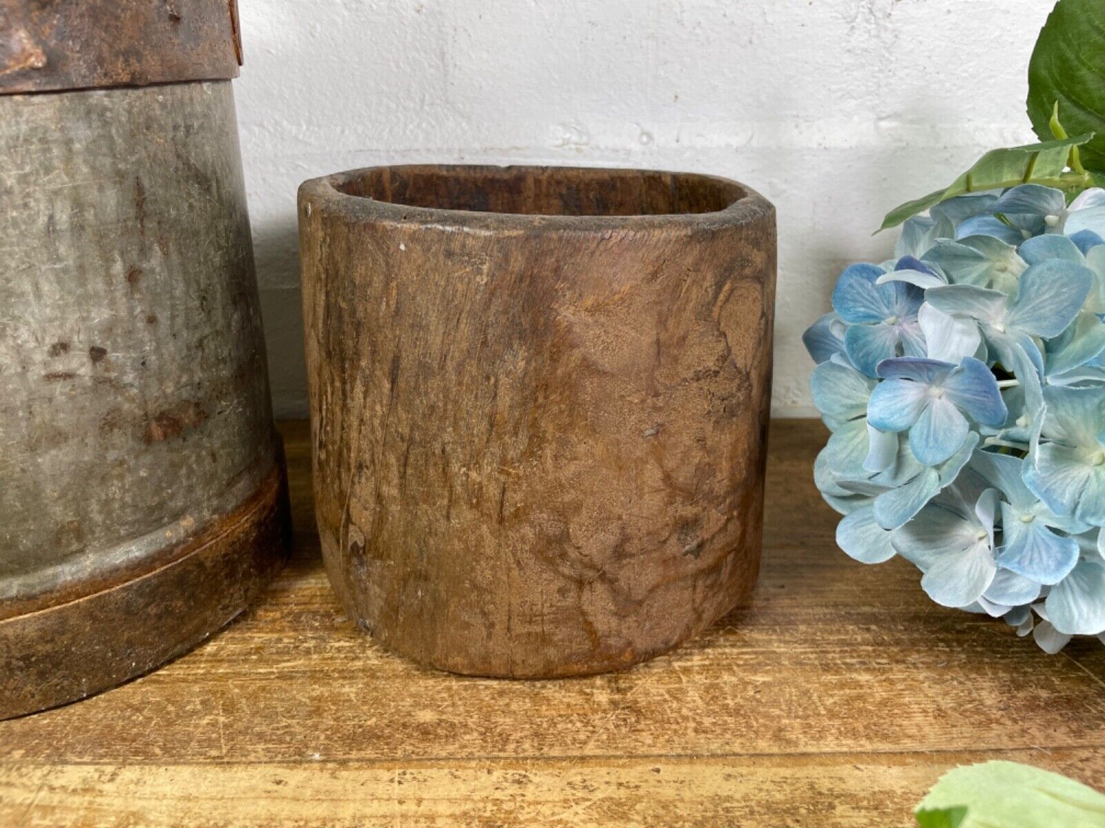 Vintage Rustic Indian Wabi Sabi Hand Carved Wooden Grain Measure Storage Pot