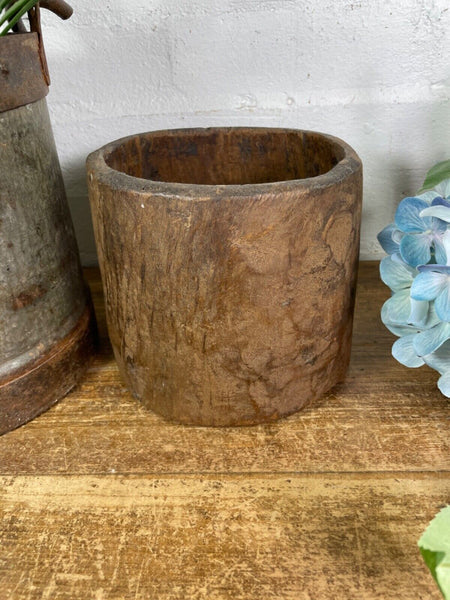 Vintage Rustic Indian Wabi Sabi Hand Carved Wooden Grain Measure Storage Pot