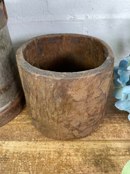 Vintage Rustic Indian Wabi Sabi Hand Carved Wooden Grain Measure Storage Pot