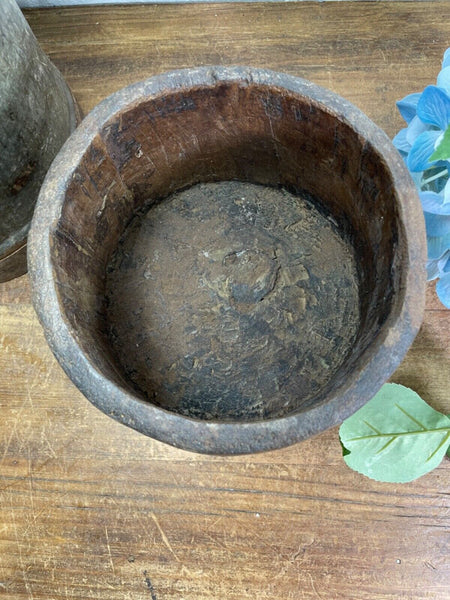 Vintage Rustic Indian Wabi Sabi Hand Carved Wooden Grain Measure Storage Pot