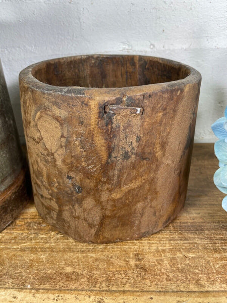 Vintage Rustic Indian Wabi Sabi Hand Carved Wooden Grain Measure Storage Pot