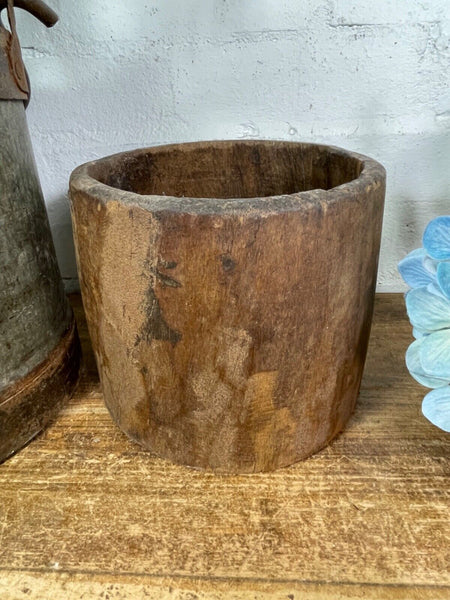 Vintage Rustic Indian Wabi Sabi Hand Carved Wooden Grain Measure Storage Pot
