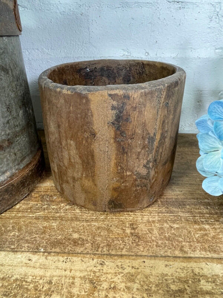 Vintage Rustic Indian Wabi Sabi Hand Carved Wooden Grain Measure Storage Pot