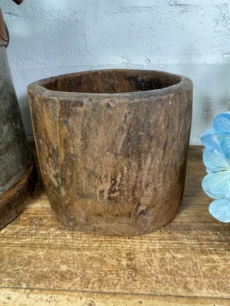 Vintage Rustic Indian Wabi Sabi Hand Carved Wooden Grain Measure Storage Pot