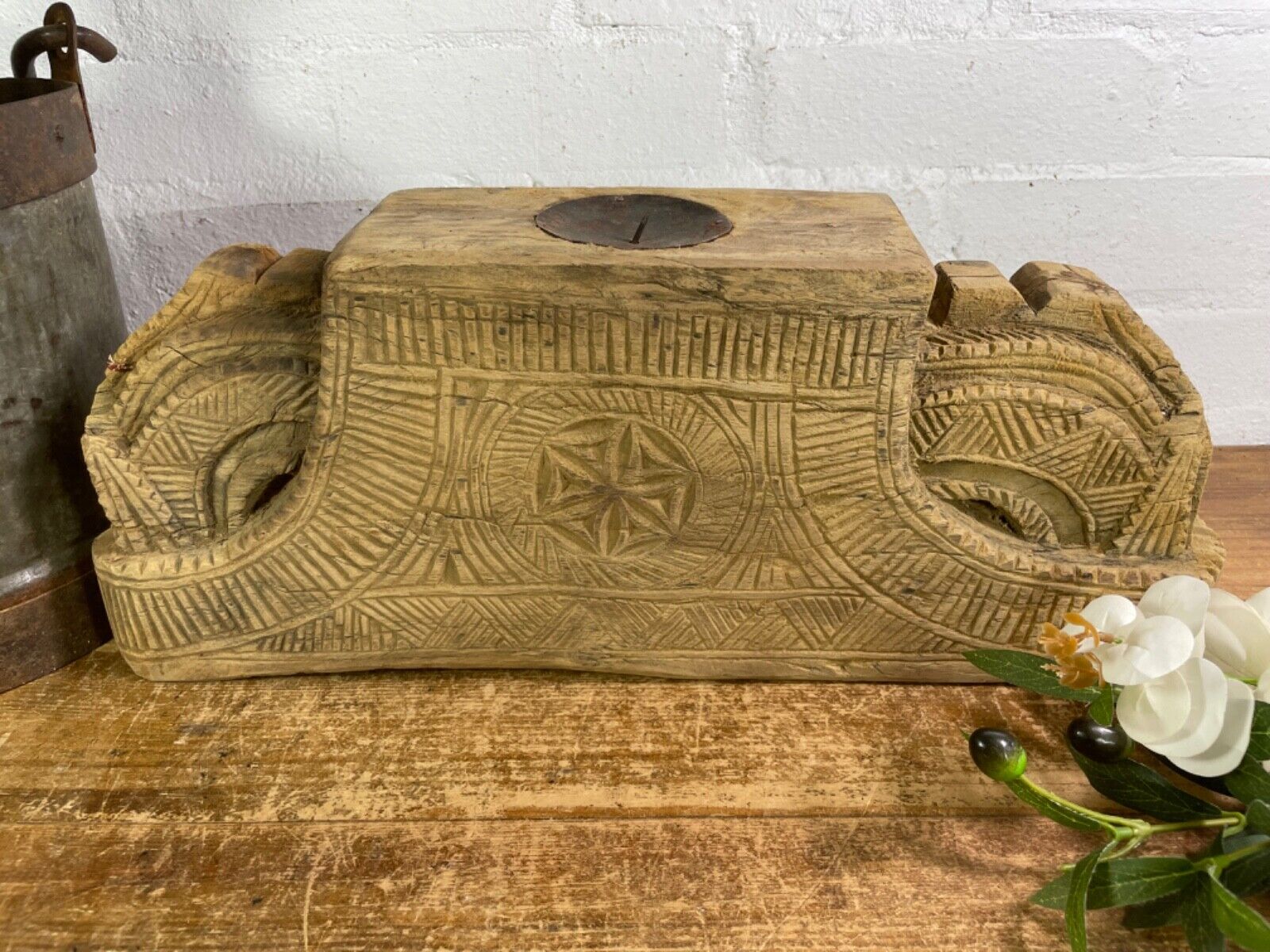 Vintage Rustic Large Hand Carved Indian Solid Wooden Candle Holder