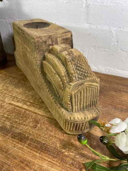 Vintage Rustic Large Hand Carved Indian Solid Wooden Candle Holder