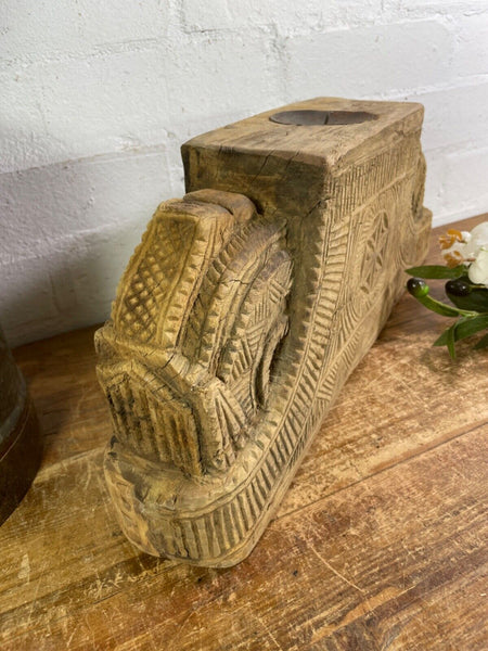 Vintage Rustic Large Hand Carved Indian Solid Wooden Candle Holder